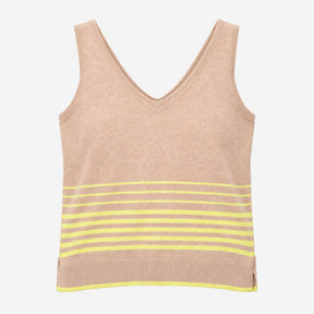 Knit Vest Tank Top Beige Yellow Stripe V-Neck Cott