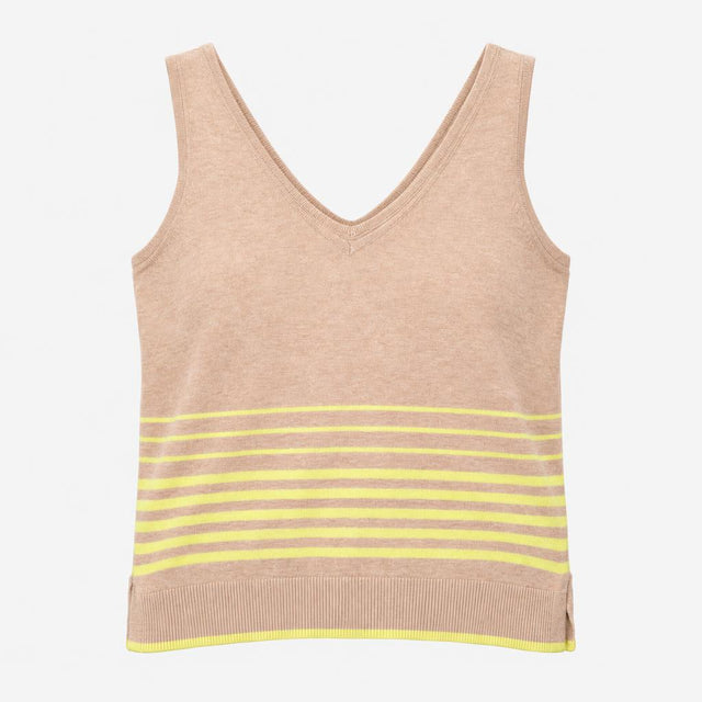 Knit Vest Tank Top Beige Yellow Stripe V-Neck Cott