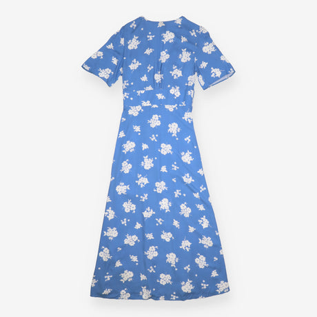 Maxi Dress Blue Ivory Floral Wrap Tie Waist Split