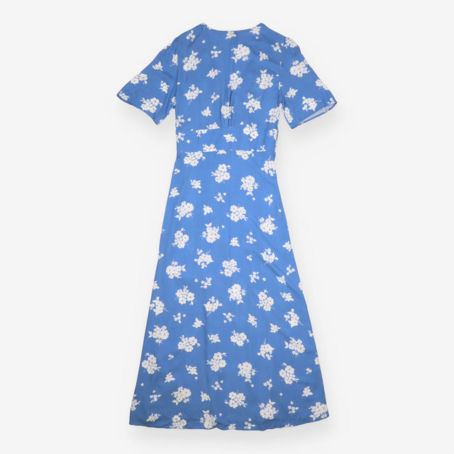 Maxi Dress Blue Ivory Floral Wrap Tie Waist Split