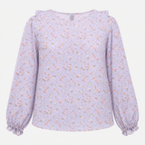 Blouse Pale Blue Floral Print Ruffle Front Long Sl