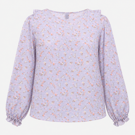 Blouse Pale Blue Floral Print Ruffle Front Long Sl