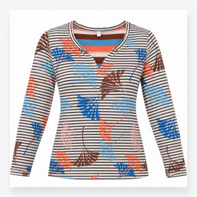 Multicolour Striped Leaf Print Long Sleeve Top