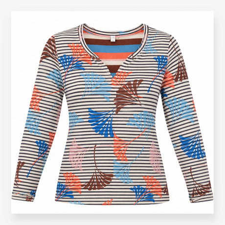 Multicolour Striped Leaf Print Long Sleeve Top