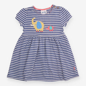 Dress SS blue stripe elephants applique