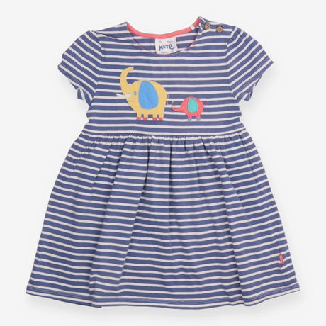 Dress SS blue stripe elephants applique