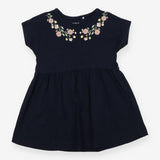Dress SS navy flowers on neck jersey
