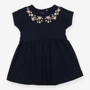 Dress SS navy flowers on neck jersey