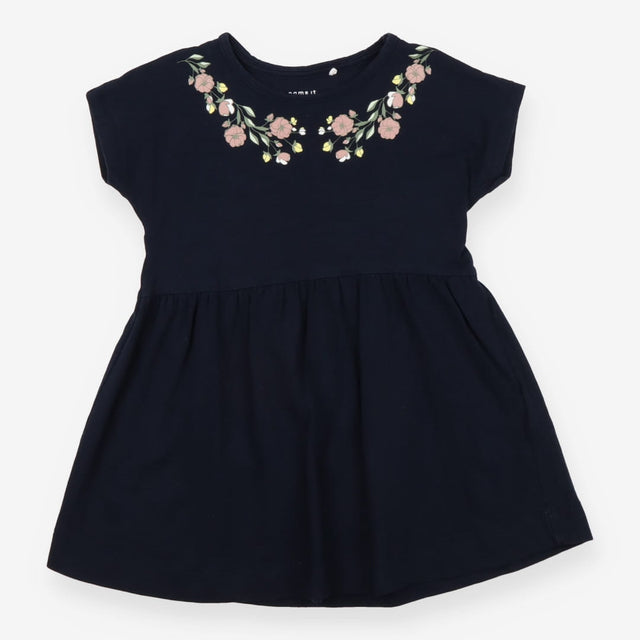 Dress SS navy flowers on neck jersey
