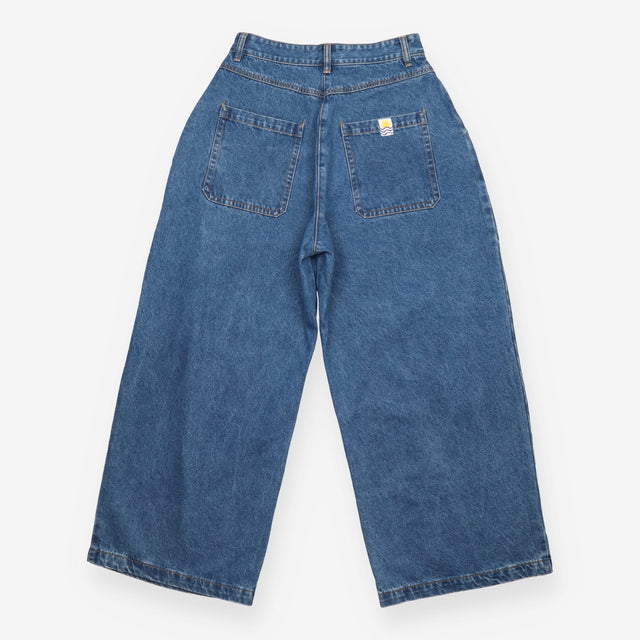 Jeans Mid Blue Pleated Wide Leg Cotton Denim