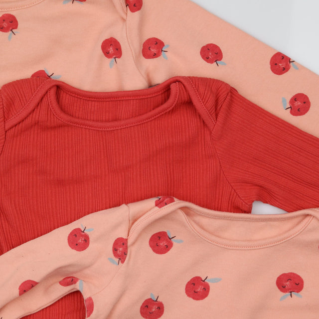 Bodysuit LS orange with apples ribbed 3pc