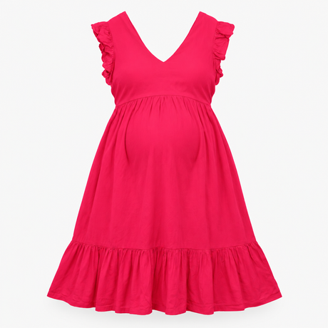 Bright Pink Frill Sleeve Tiered Maternity Dress