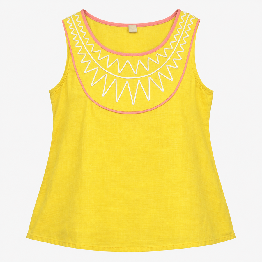Linen Top Embroidered Neckline Sleeveless Tank