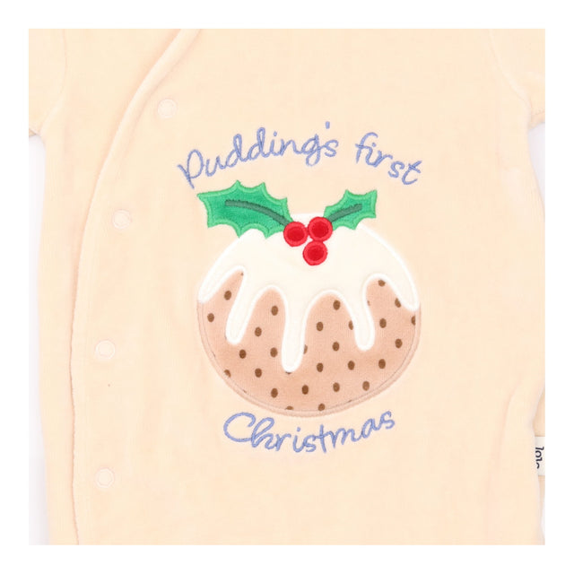 Pudding's First Christmas Cream Velour Sleepsuit