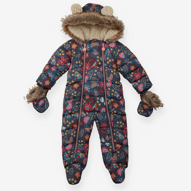 Pram suit with Mittens Blue Paisley flower Print 
