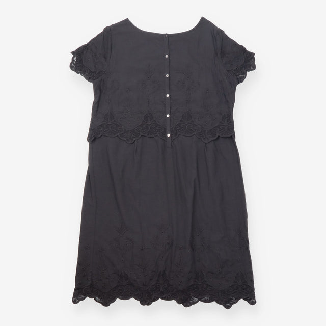 Black 100% Cotton Floral Embroidered Scalloped Hem