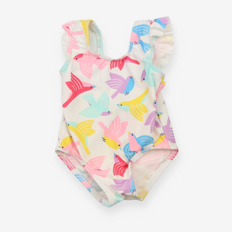 Swimsuit White with Frill shoulders and Birds