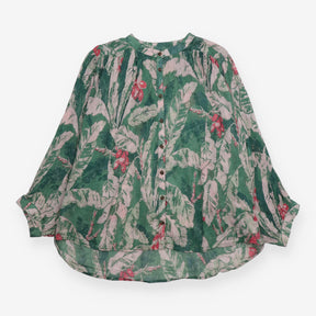 Blouse Green Tropical Floral Print Cotton Button F