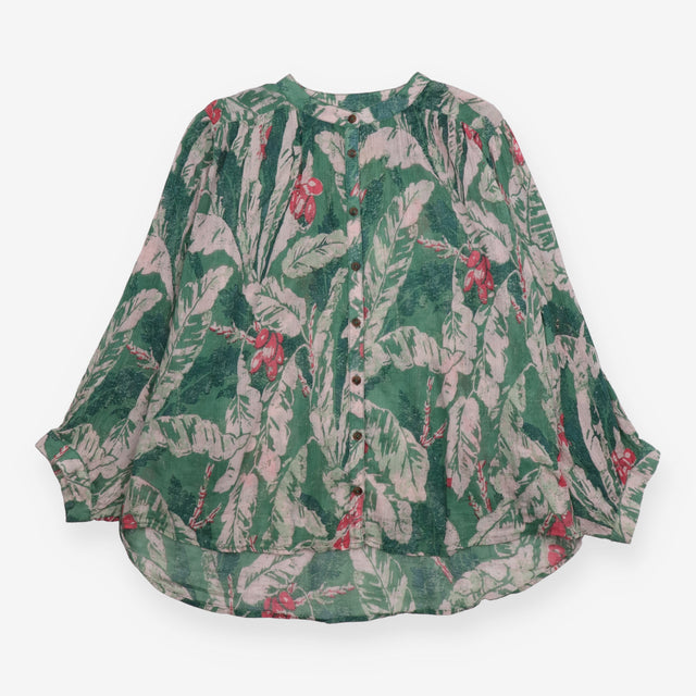 Blouse Green Tropical Floral Print Cotton Button F
