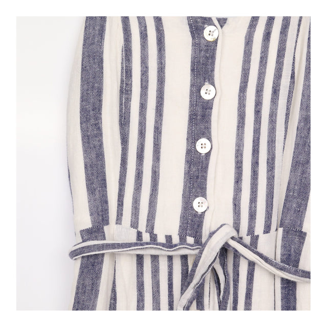 Midi Dress Navy Cream Stripe Linen Blend Button Fr