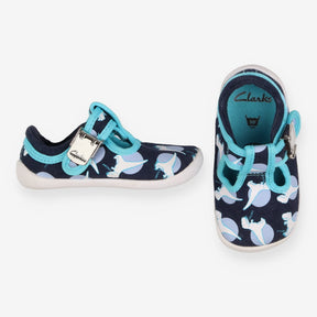 Blue buckled pram shoes with dinos