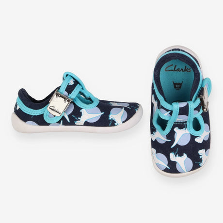 Blue buckled pram shoes with dinos