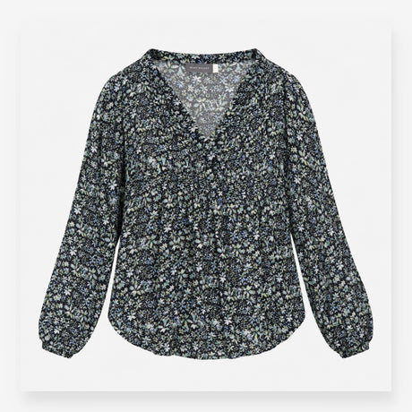 Floral Blouse Navy Blue Long Sleeve Pintuck Detail