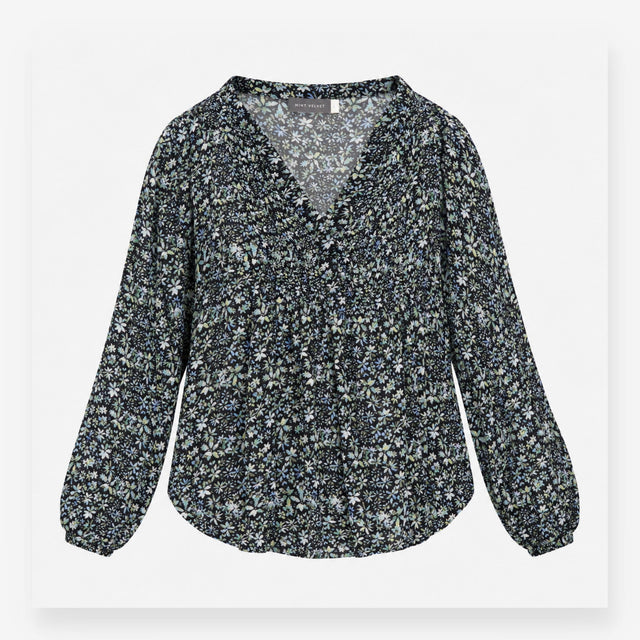 Floral Blouse Navy Blue Long Sleeve Pintuck Detail