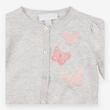 Grey knit cardigan with pink butterflies