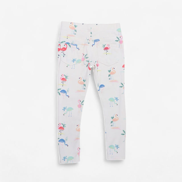 White flamingo print stretchy jeans