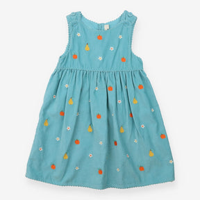 Pinafore Dress Blue Cord Apples, Pears and Flowers