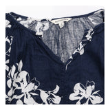 Navy White Floral Pure Linen Puff Sleeve Blouse