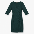 Midi Dress Dark Green Wrap Front Ruched Three Quar