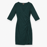 Midi Dress Dark Green Wrap Front Ruched Three Quar