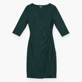 Midi Dress Dark Green Wrap Front Ruched Three Quar