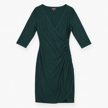 Midi Dress Dark Green Wrap Front Ruched Three Quar