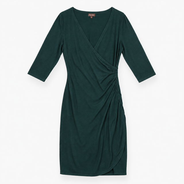 Midi Dress Dark Green Wrap Front Ruched Three Quar