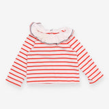 Tee LS white red stripe white frill collar edged 