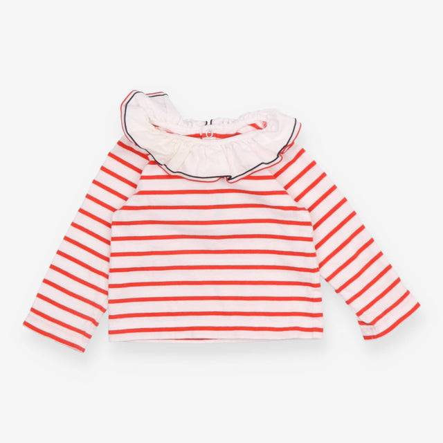 Tee LS white red stripe white frill collar edged 