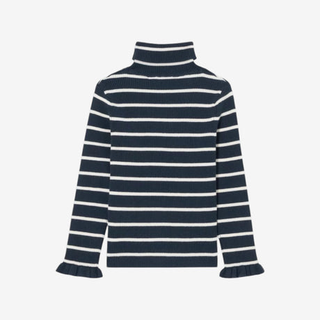 Kids' Stripe Ruffle Cuff Roll Neck Top, Navy