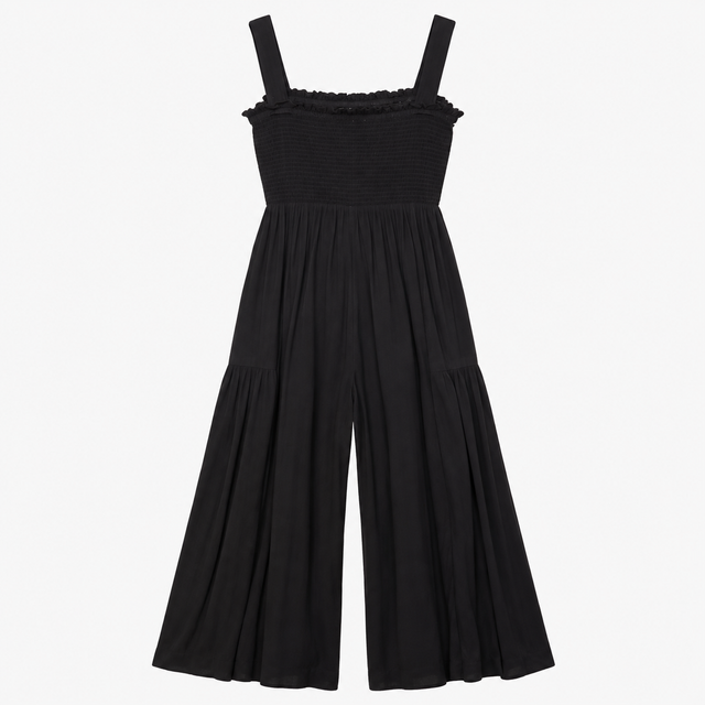 Black Embroidered Smocked Jumpsuit Viscose