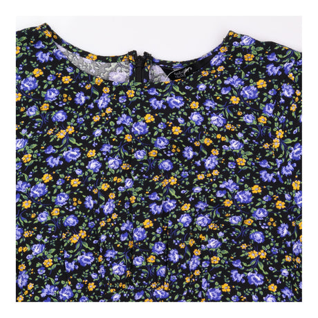 Black Blue Floral Puff Sleeve Mini Dress