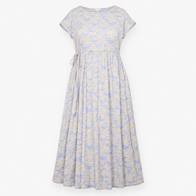 Midi Dress Blue Yellow Abstract Print Drawstring W