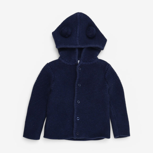 Hooded Cardigan Navy with PomPom Hood