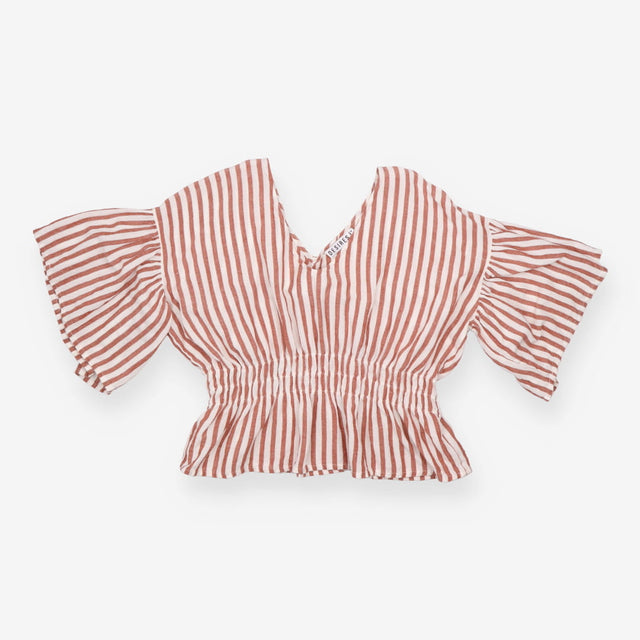 Blouse Red Cream Linen Cotton Short Sleeve
