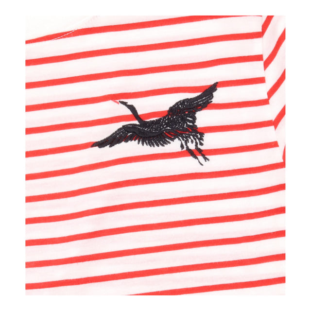 Red and White Striped Bird Embroidered Short Sleev