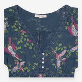 Dress Blue Bird and Leaf Print Long Sleeve Midi V-