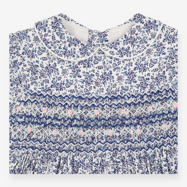 Smocked Long Sleeve Blue Floral Print