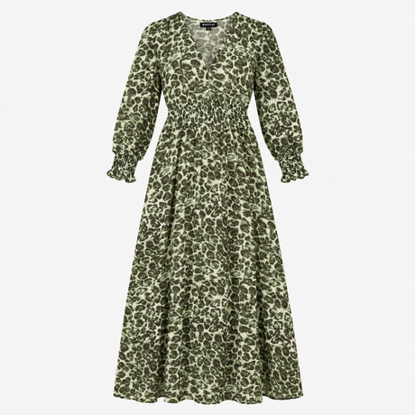 Leopard Print Midi Dress Green Shirred Waist