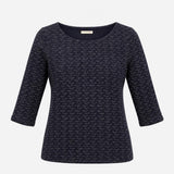 Top Navy Blue Textured Three Quarter Sleeve Pocket